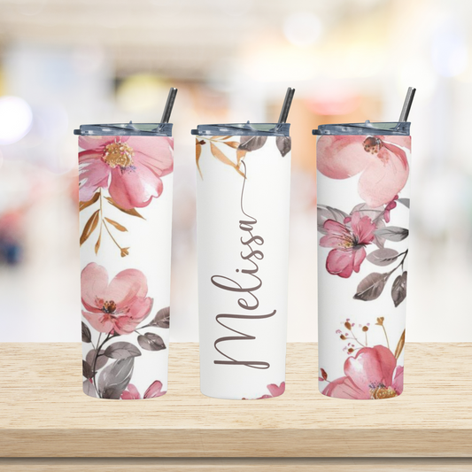 Personalized Stainless Steel Floral Skinny Tumbler |  Custom Drinkware for Your loved Ones