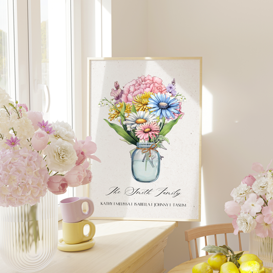 Personalized Family Watercolor Birth Flower Bouquet With Names Wall Art