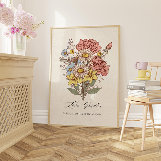 Personalized Family Birth Flower Bouquet With Names Wall Art