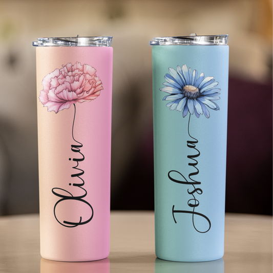Personalized Engraved Birth Flower Stainless Steel Tumbler